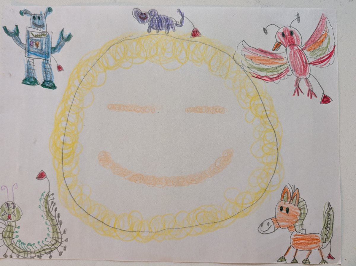 A child's crayon drawing: a blue robot, a purple bug, a red-and-orange bird, a green caterpillar, and an orange pony &mdash; each carrying a small red flag &mdash; gathered around one big smiling yellow sun.